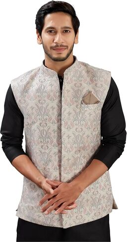 Indian Traditional Jacquard Open Waistcoat Weddings & Festive Occasions Nehru Jacket For Men in Saudi Arabia
