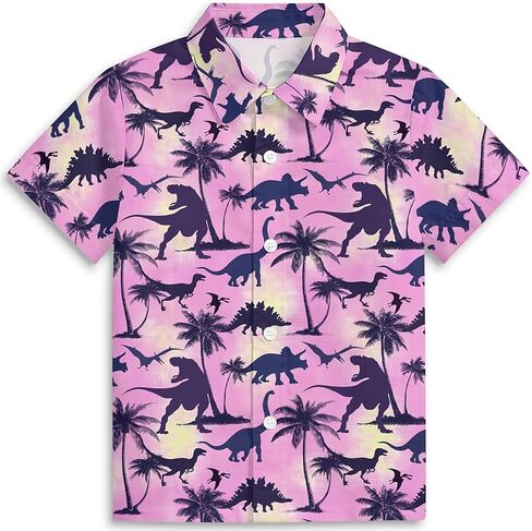 Neon Dinosaur Boys Hawaiian Shirts 3D Graphic Short Sleeve Button Down Dress Shirt Kids Beach Aloha Shirt for 3-14 Years in Saudi Arabia