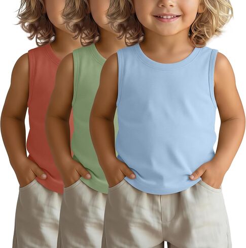 3 Pack Toddler Boys Tank Tops Round Neck Sleeveless Shirts Kids Soft Casual Undershirts Baby Boys Basic Tees in Kuwait