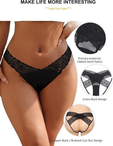 ohyeah Women Mesh Thongs Panties Cross Back Hollow Out Sexy Underwear Low Rise Brief Cheeky Underwear S-2XL(Black/Red) in Kuwait
