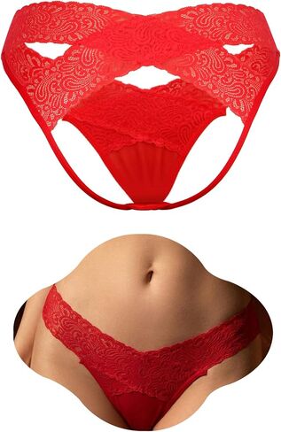 ohyeah Women Mesh Thongs Panties Cross Back Hollow Out Sexy Underwear Low Rise Brief Cheeky Underwear S-2XL(Black/Red) in Kuwait