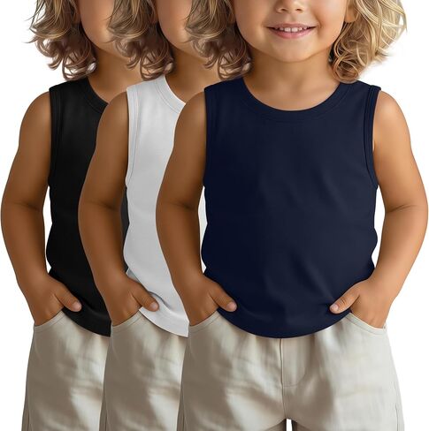 3 Pack Toddler Boys Tank Tops Round Neck Sleeveless Shirts Kids Soft Casual Undershirts Baby Boys Basic Tees in Kuwait