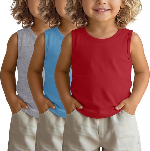 3 Pack Toddler Boys Tank Tops Round Neck Sleeveless Shirts Kids Soft Casual Undershirts Baby Boys Basic Tees in Kuwait