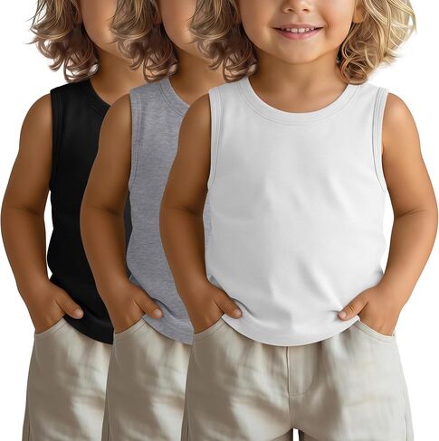 3 Pack Toddler Boys Tank Tops Round Neck Sleeveless Shirts Kids Soft Casual Undershirts Baby Boys Basic Tees in Kuwait