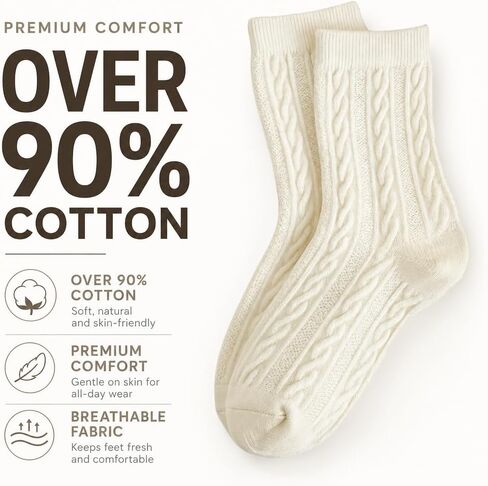 4 pairs socks Women's Cable Knit Crew Socks – Soft Cotton Blend, organic cotton socks women Cream Coquette Socks in Saudi Arabia