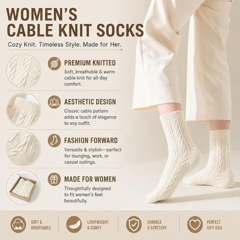 4 pairs socks Women's Cable Knit Crew Socks – Soft Cotton Blend, organic cotton socks women Cream Coquette Socks in Saudi Arabia