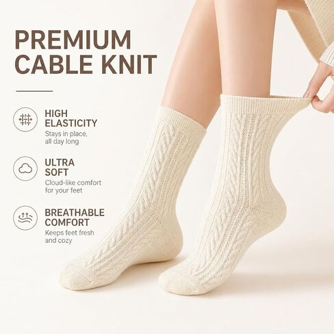 4 pairs socks Women's Cable Knit Crew Socks – Soft Cotton Blend, organic cotton socks women Cream Coquette Socks in Saudi Arabia