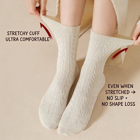 4 pairs socks Women's Cable Knit Crew Socks – Soft Cotton Blend, organic cotton socks women Cream Coquette Socks in Saudi Arabia