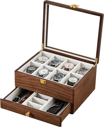 Black Walnut Watch Box for Men, 12 Slot Wooden Watch Organizer with Glass Lid, 2 Layer Watch Display Case with Drawer Jewelry Storage Box, Gift for Husband, Dad, Anniversary, Father’s Day, Women in Kuwait
