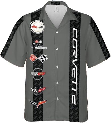Sunbelt Gifts Corvette C1-C6 Logos Hawaiian Shirt for Men, Grey with Black Stripes, Classic Fit Button-Down, Short Sleeve in Saudi Arabia