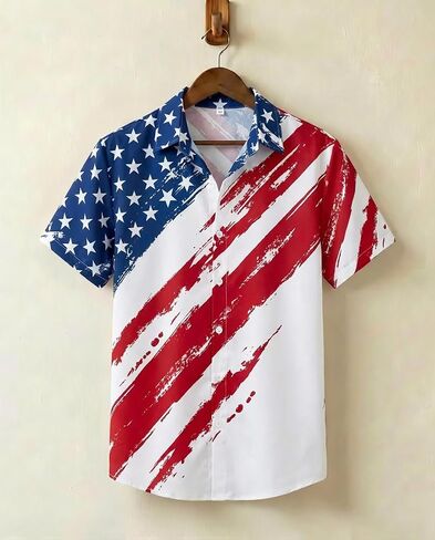 Hawaiian Shirts for Men | Printed Men's Casual Short Sleeve Button-Down Shirts, Patriotic Style in Kuwait