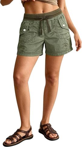 Flamingals Straight Leg Shorts for Women Mid Waist Washed Drawstring Stitch Detail Casual Denim Shorts with Patch Pocket in Kuwait