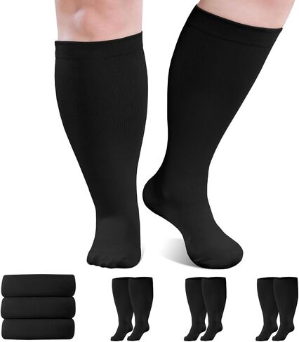 Plus Size Compression Socks: Wide Calf Compression Stockings for Men Women - Extra Large 20-30 mmHg Compression Hose Support for Running Travel Nurses Pregnancy 3 Pairs in Kuwait