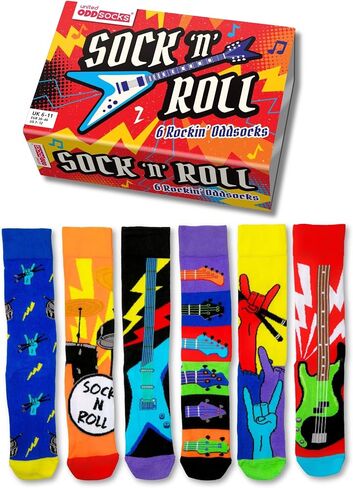 United Oddsocks Sock 'n' Roll Gift Box, 6 Colourful Rock Music Odd Socks for Men, Mix & Match Guitar Drum Band Novelty Socks, Cotton-Rich Crew Socks Gift Set for Men, UK 6–11, EUR 39–46, US 7–12 in Saudi Arabia