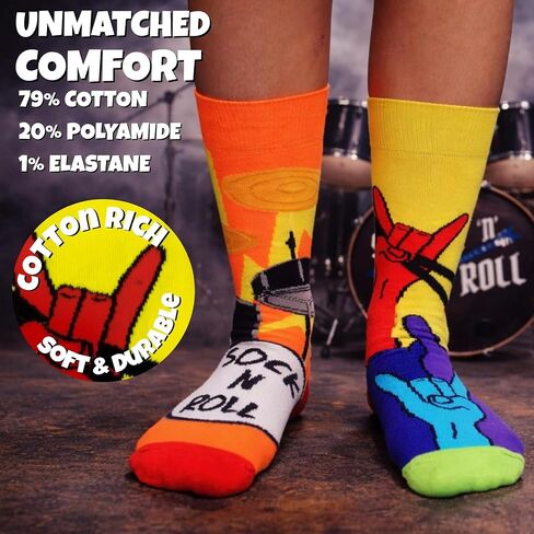 United Oddsocks Sock 'n' Roll Gift Box, 6 Colourful Rock Music Odd Socks for Men, Mix & Match Guitar Drum Band Novelty Socks, Cotton-Rich Crew Socks Gift Set for Men, UK 6–11, EUR 39–46, US 7–12 in Saudi Arabia