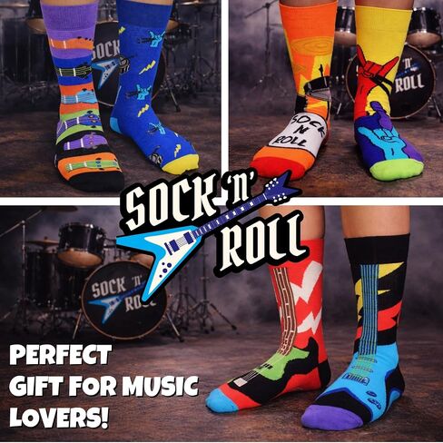 United Oddsocks Sock 'n' Roll Gift Box, 6 Colourful Rock Music Odd Socks for Men, Mix & Match Guitar Drum Band Novelty Socks, Cotton-Rich Crew Socks Gift Set for Men, UK 6–11, EUR 39–46, US 7–12 in Saudi Arabia