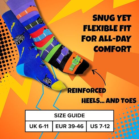 United Oddsocks Sock 'n' Roll Gift Box, 6 Colourful Rock Music Odd Socks for Men, Mix & Match Guitar Drum Band Novelty Socks, Cotton-Rich Crew Socks Gift Set for Men, UK 6–11, EUR 39–46, US 7–12 in Saudi Arabia