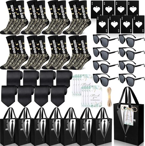 Glitopper 49 Pcs Groomsmen Gifts Set of 8, Groomsmen Proposal Box with Ace of Spades Poker Bottle Opener Tuxedo Gift Bags Socks Sunglasses Ties Greeting Cards Twine for Wedding Men Presents Favors in Kuwait