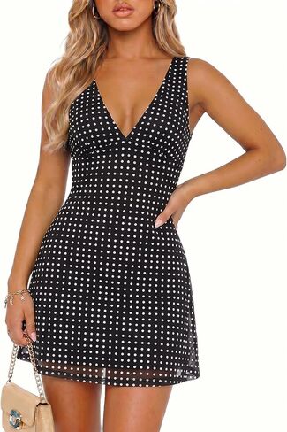 Wenrine Womens Summer Polka Dot Mini Dress Mesh Sexy V Neck Sleeveless Party Going Out Club A Line Short Dresses in Kuwait
