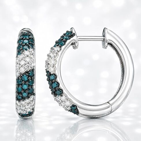 Sterling Silver 1/2 Carat Total Weight (cttw) Black and Blue and White Diamond Hoop Earrings in Saudi Arabia