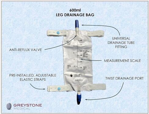 Greystone Urinary Leg Bag 600ml - Urine Collection Bag for Catheter with Adjustable Straps, Twist Drain Valve, Low Profile Urinary Drainage Bag for Men and Women Catheter Supplie in Kuwait
