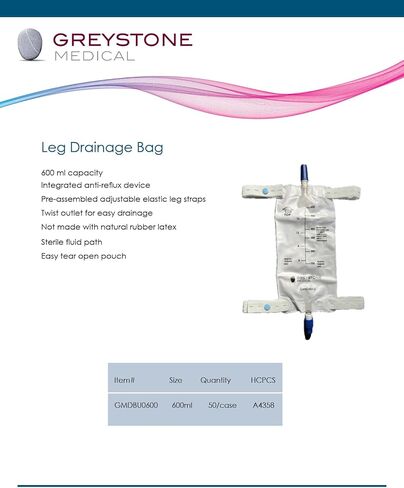 Greystone Urinary Leg Bag 600ml - Urine Collection Bag for Catheter with Adjustable Straps, Twist Drain Valve, Low Profile Urinary Drainage Bag for Men and Women Catheter Supplie in Kuwait