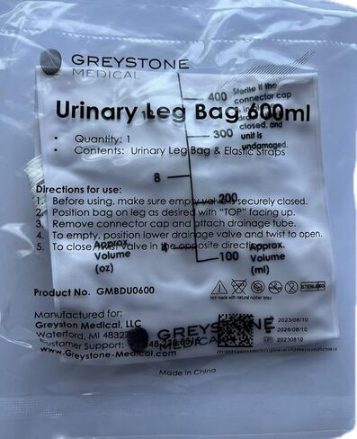 Greystone Urinary Leg Bag 600ml - Urine Collection Bag for Catheter with Adjustable Straps, Twist Drain Valve, Low Profile Urinary Drainage Bag for Men and Women Catheter Supplie in Kuwait