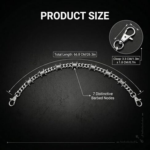 Biker Wallet Chain for Men, Heavy Duty Stainless Steel Pocket Chain with Round Clasp, Barbed Wire Jeans Chain for Pants, Hip Hop Punk Belt Loop Chain Clothing Accessory in Saudi Arabia