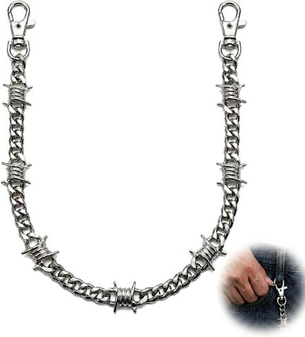 Biker Wallet Chain for Men, Heavy Duty Stainless Steel Pocket Chain with Round Clasp, Barbed Wire Jeans Chain for Pants, Hip Hop Punk Belt Loop Chain Clothing Accessory in Saudi Arabia