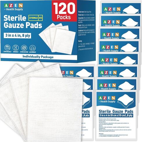 AZEN 50 Pack Sterile Gauze Pads, 3" x 4" Non Stick Gauze Pads, 8-Ply Cotton Gauze Sponges for Wound Care and First Aid, Highly Absorbent Individually Wrapped Medical Gauzes in Saudi Arabia