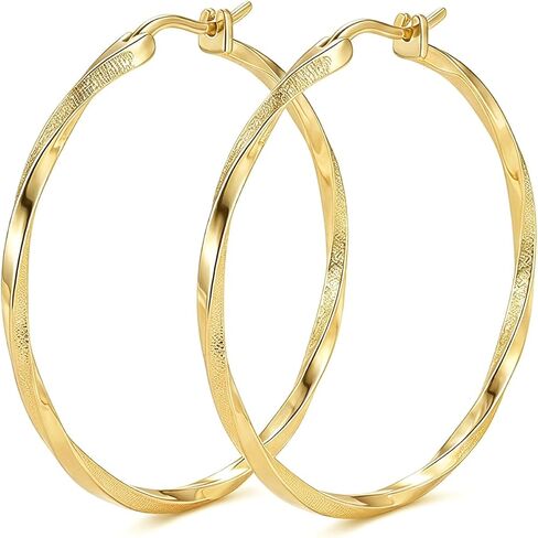 14K Gold Twisted Dual-Textured 30mm / 40mm Hoop Earrings for Women, Hypoallergenic Secure Hinge Clasp Lightweight Everyday Jewelry in Saudi Arabia