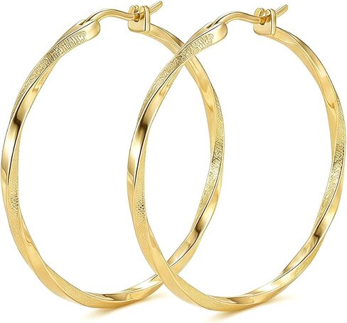 14K Gold Twisted Dual-Textured 30mm / 40mm Hoop Earrings for Women, Hypoallergenic Secure Hinge Clasp Lightweight Everyday Jewelry in Kuwait