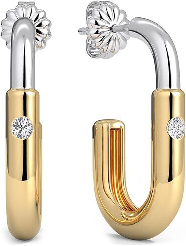 Two-Tone Moissanite Hoop Earrings for Women, 14K Gold & White Gold Plated Mixed Metal Hoop Earrings, Hypoallergenic Sterling Silver Posts, Lightweight Everyday Jewelry Gift for Her in Saudi Arabia