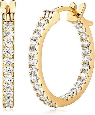 14K Yellow Gold Hoop Earrings for Women, Hypoallergenic Dual-Sided Cubic Zirconia Hinged Hoops Jewelry, 2mm x 15/20/30/35mm in Saudi Arabia