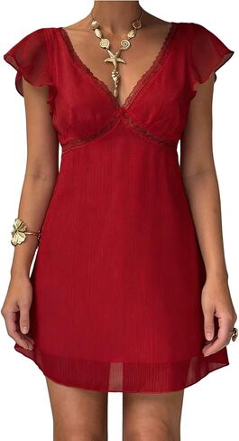 Naileksi Women Fairy V Neck Lace Mini Dress Casual Mesh Ruffle Sleeve Summer Wedding Guest Vacation Flowy Short Dress in Saudi Arabia
