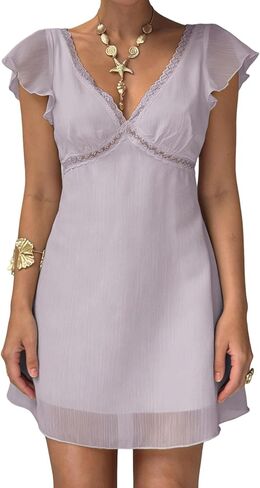 Naileksi Women Fairy V Neck Lace Mini Dress Casual Mesh Ruffle Sleeve Summer Wedding Guest Vacation Flowy Short Dress in Kuwait