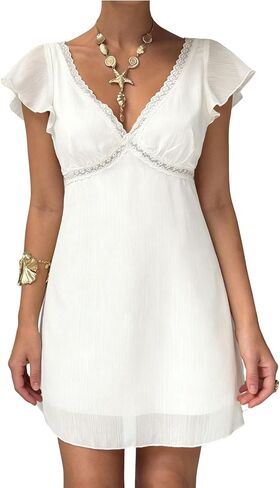 Naileksi Women Fairy V Neck Lace Mini Dress Casual Mesh Ruffle Sleeve Summer Wedding Guest Vacation Flowy Short Dress in Kuwait