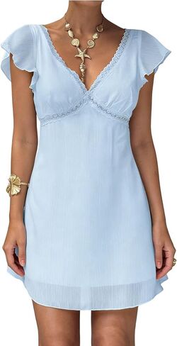 Naileksi Women Fairy V Neck Lace Mini Dress Casual Mesh Ruffle Sleeve Summer Wedding Guest Vacation Flowy Short Dress in Kuwait