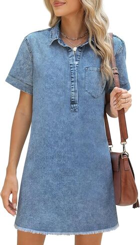 Women's Denim Dress for Women Cute Blue Babydoll Denim Shirt Dress Denim Dress with Pockets in Kuwait