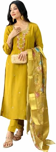 Women's Roman Silk Embroidery Sequence Work Kurta Pant with Floral Print Dupatta Set in Kuwait