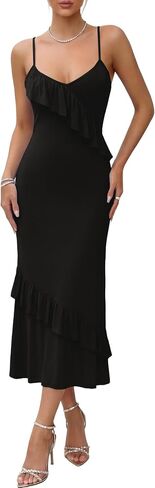 Rooscier Women's Asymmetric Ruffle V Neck Spaghetti Strap Elegant Maxi Mermaid Dress in Kuwait