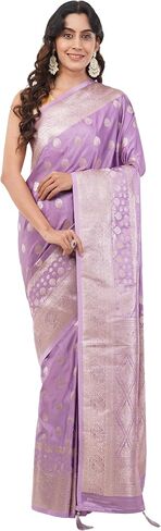 Women's Banarasi Mashru Silk Saree With Unstitched Blouse Piece Golden Embroidery Floral & Geometric Motifs in Kuwait