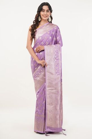 Women's Banarasi Mashru Silk Saree With Unstitched Blouse Piece Golden Embroidery Floral & Geometric Motifs in Kuwait