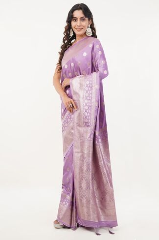 Women's Banarasi Mashru Silk Saree With Unstitched Blouse Piece Golden Embroidery Floral & Geometric Motifs in Kuwait