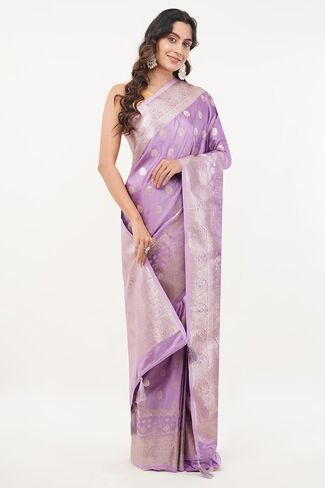 Women's Banarasi Mashru Silk Saree With Unstitched Blouse Piece Golden Embroidery Floral & Geometric Motifs in Kuwait