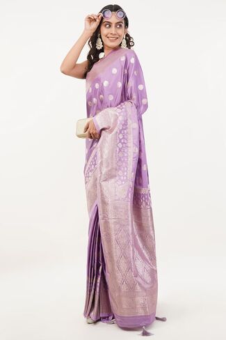 Women's Banarasi Mashru Silk Saree With Unstitched Blouse Piece Golden Embroidery Floral & Geometric Motifs in Kuwait