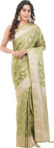 Women's Banarasi Mashru Silk Saree With Unstitched Blouse Piece Golden Embroidery Floral & Geometric Motifs in Saudi Arabia