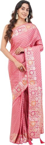 Women's Banarasi Mashru Silk Saree With Unstitched Blouse Piece Golden Embroidery Floral & Geometric Motifs in Kuwait