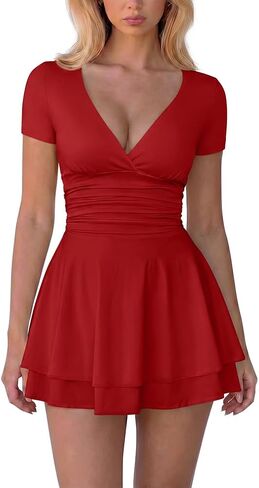XXTAXN Women's Sexy V Neck Short Sleeve Ruched Waist Flowy Hem Party Short Dress with Side Pocket in Saudi Arabia
