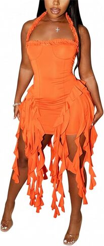 Women's Summer Mini Dress Sexy Halter Backless Ruffle Fringe Bodycon Short Dress Cocktail Party Beach Vacation Sundress in Kuwait